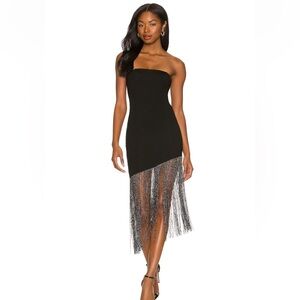 Superdown Cleo Strapless Metallic Fringe Black Dress